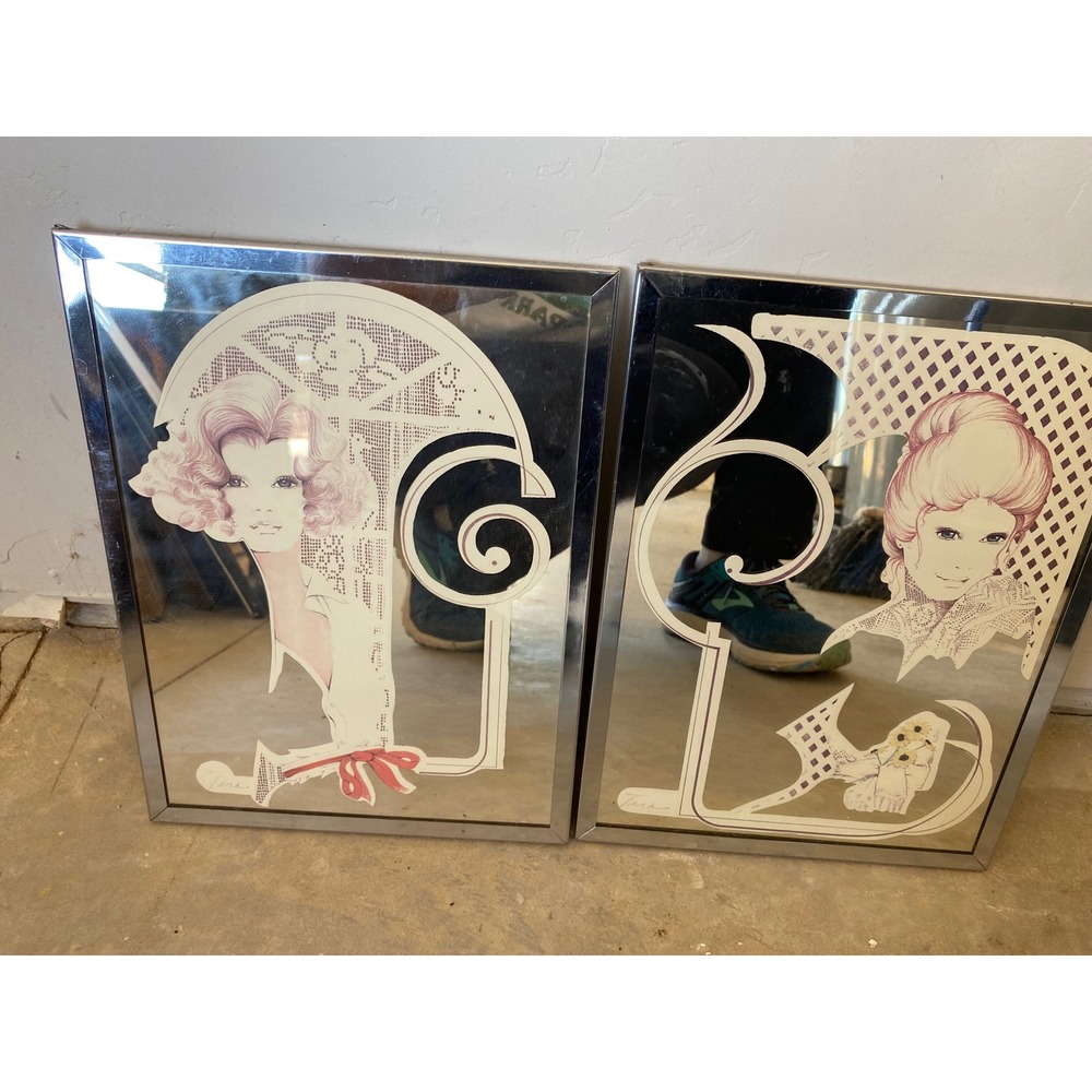 Vintage 70s Brytone Mechanical Mirror Works Wall Art Set of 2 Retro Glam Deco